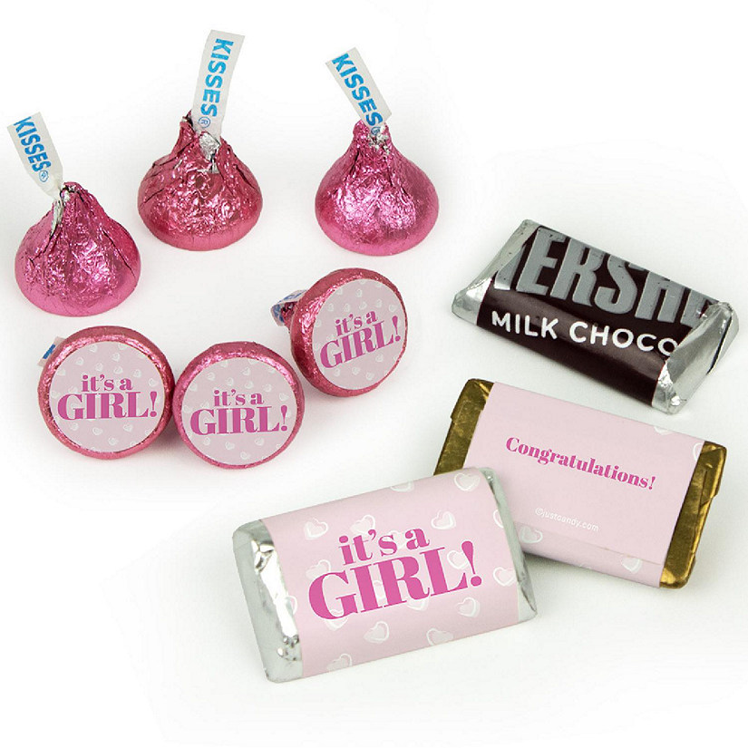 Pink It's a Girl Baby Shower Candy Party Favors (Approx. 100 Pcs Milk Chocolate Hershey's Kisses & 40 Pcs Wrapped Miniatures) Image