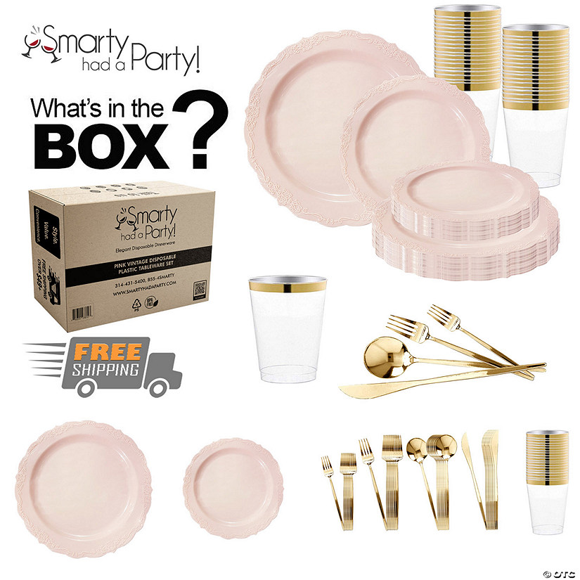 Pink Vintage Disposable Plastic Tableware Set - 60 Settings Image