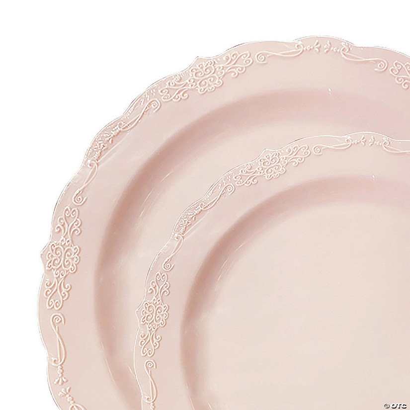 Pink Vintage Round Disposable Plastic Dinnerware Value Set (120 Dinner Plates + 120 Salad Plates) Image
