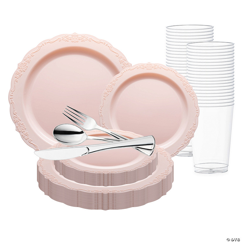 Pink Vintage Round Disposable Plastic Wedding Value Set - 20 Settings Image