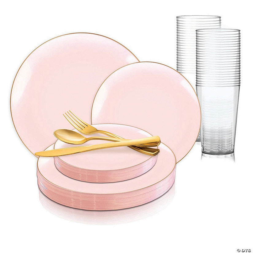 Pink with Gold Organic Round Disposable Plastic Dinnerware Value Set (120 Settings) Image