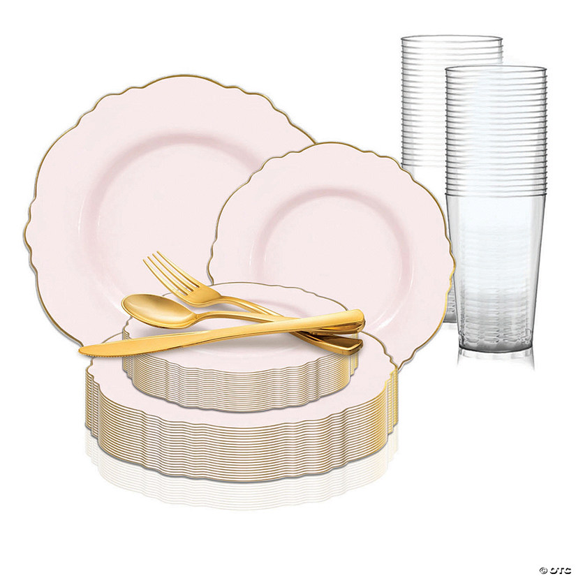 Pink with Gold Rim Round Blossom Disposable Plastic Dinnerware Value Set (120 Settings) Image