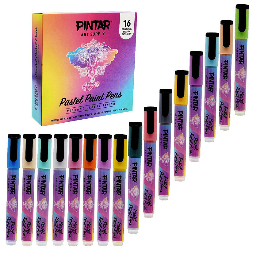 PINTAR Art Supply 16 Pack Acrylic Premium Vibrant Pastel Paint Pens Medium Tip 5.0mm Tips, Glossy, Japanese Ink Use On Rocks, Glass, Ceramic, Plastic / Default Title Image