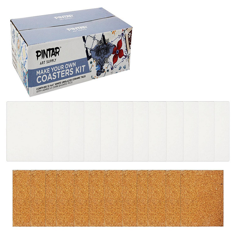 Pintar Make Your Own Coasters Kit 12 Pack of 4x4 White Unglazed Ceramic Tiles with Adhesive Cork Backing Pads, Use with Alcohol Ink, Acrylic Paints Image
