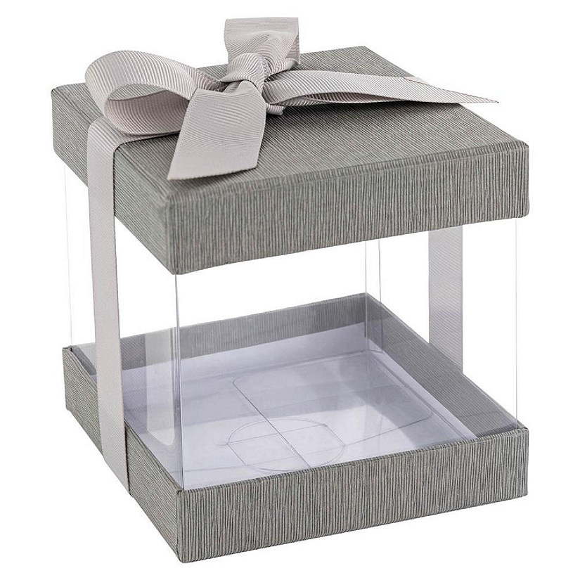 Plastic Gift Boxes Gray 4X4X4" 12 Pack Bakery Boxes With Base Lid &amp; Ribbon Image