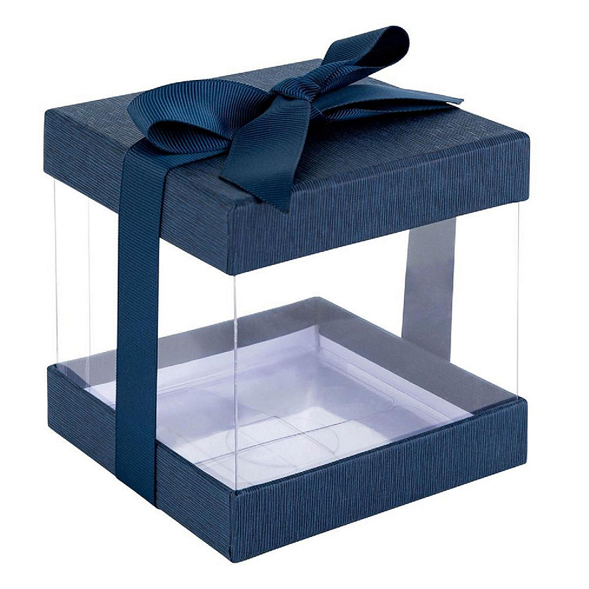 Plastic Gift Boxes Navy 4X4X4" 12 Pack Bakery Boxes With Base Lid &amp; Ribbon Image