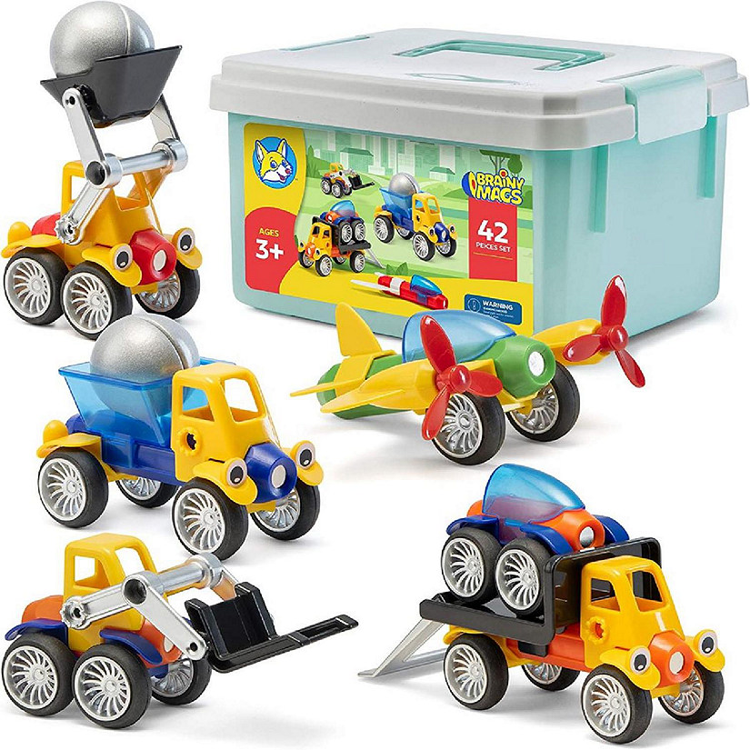 Play Brainy Magnetic 42 Pc. Toy Cars Set for Boys and Girls - Brilliant Educational Toys for Toddlers and Preschoolers - Montessori Toy Image