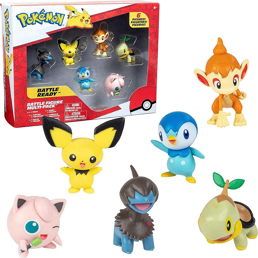 Pok&amp;#233;mon Battle Figure Toy Set - 6 Piece Playset, Includes 2&quot; Pichu, Yamper, Turtwig, Piplup, Chimchar &amp; Deino - Generation 4 Diamond &amp; Pearl Starters - Ages 4+ Image