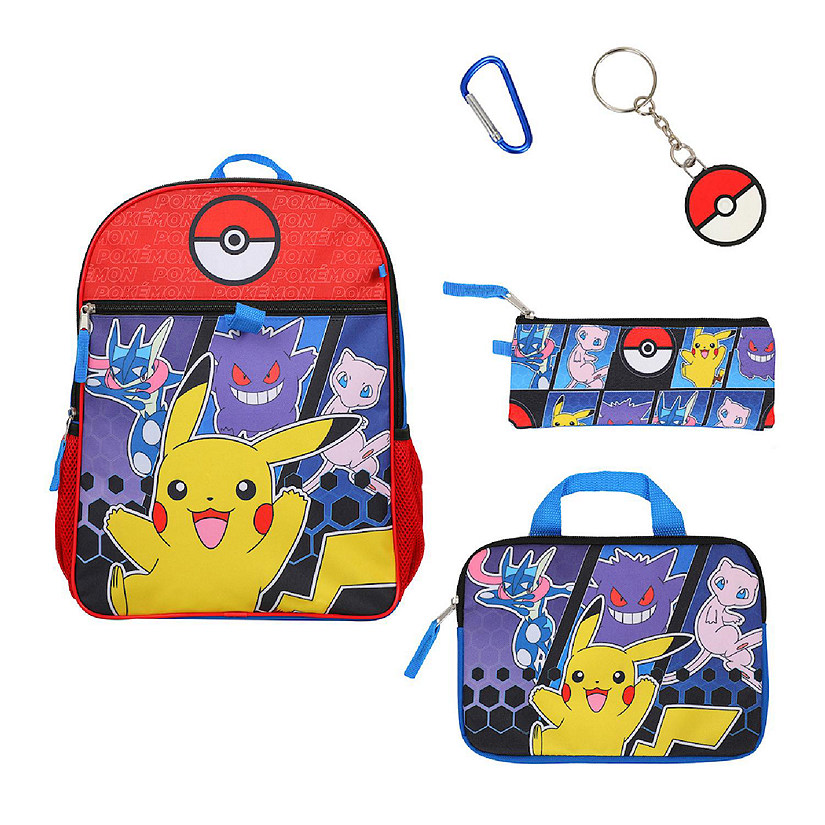 Pokemon 5-Piece Set: 16 Backpack, Padded Utility Case, Small Utility Case, Rubber Keychain, and Carabiner Image