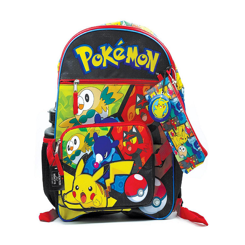 Pokemon Characters 5 Piece 16 Inch Backpack  2x Cases  Bottle  Zip Pull Image
