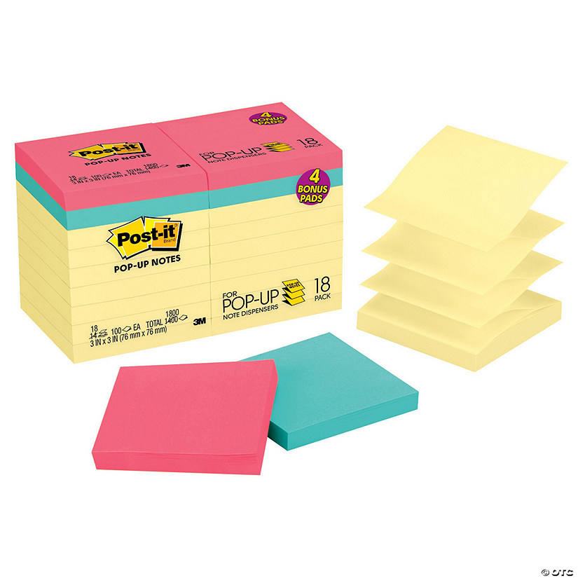 Post-it Dispenser Pop-up Notes Value Pack, 3 in x 3 in, Canary Yellow, 14 Pads plus 4 Pads in Assorted Color Image