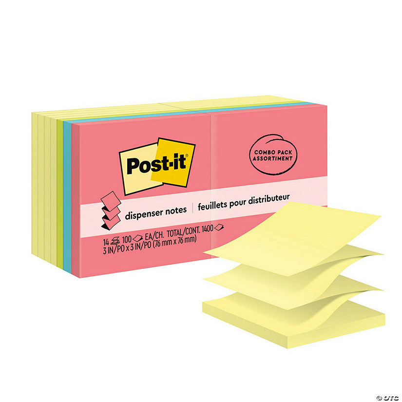 Post-it Dispenser Pop-up Notes Value Pack, 3 in x 3 in, Canary Yellow + Assorted, 14 Pads/Pack Image