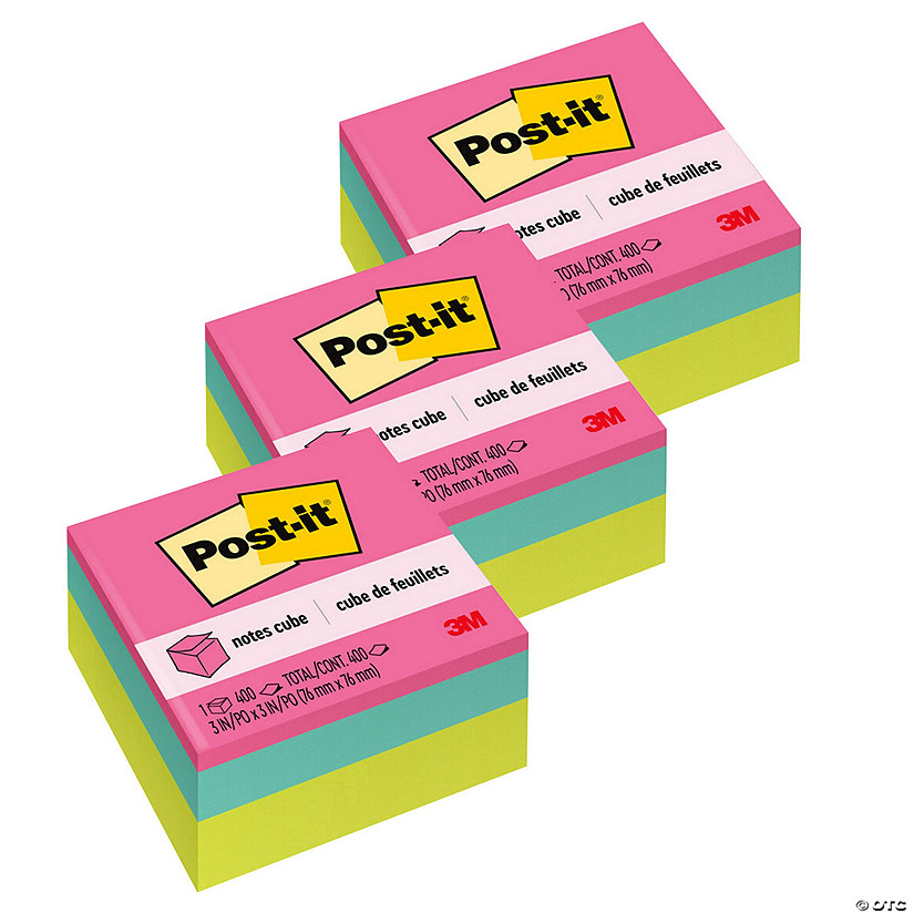 Post-it Notes Cube, Bright Colors, 3 in. x 3 in., 400 Sheets/Cube, Pack of 3 Image