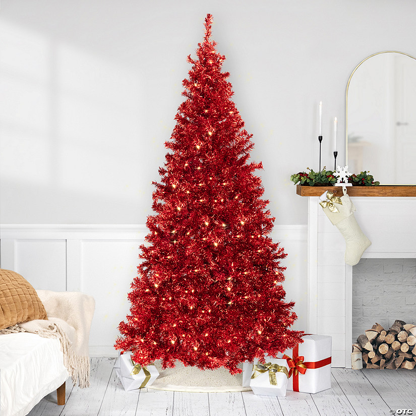 Pre-Lit Artificial Tinsel Christmas Tree - 9' - Red - Clear Lights Image