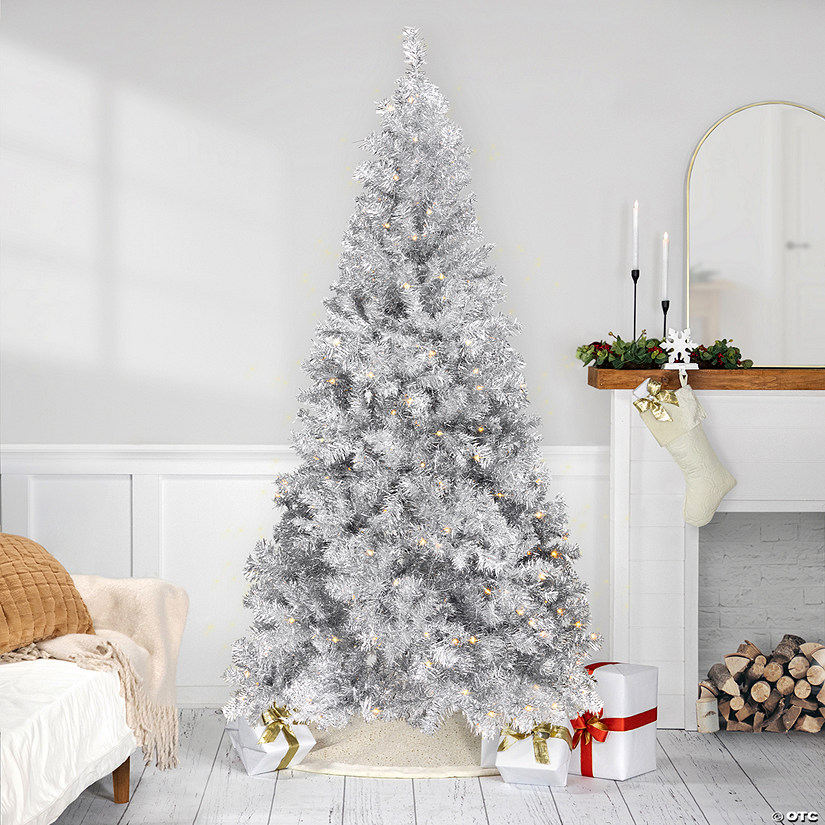 Pre-Lit Artificial Tinsel Christmas Tree - 9' - Silver - Clear Lights Image