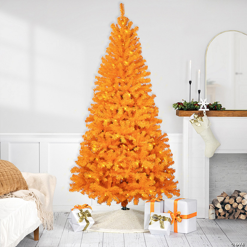 Pre-Lit Medium Artificial Pine Christmas Tree - 7' - Orange - Clear Lights Image