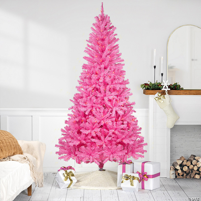 Pre-Lit Medium Artificial Pine Christmas Tree - 7' - Pink - Clear Lights Image