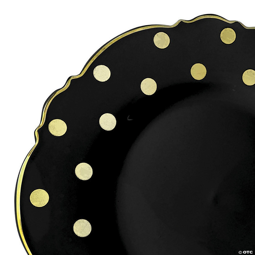 Premium 10.25" Black with Gold Dots Round Blossom Disposable Plastic Dinner Plates (120 Plates) Image