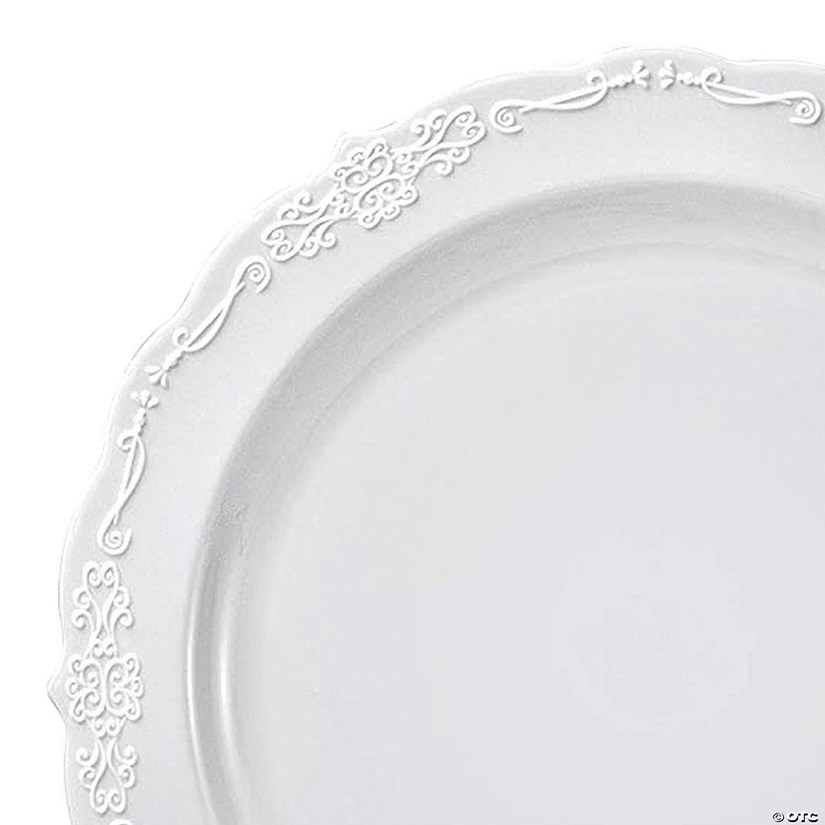 Premium 10" White Vintage Round Disposable Plastic Dinner Plates (120 plates) Image