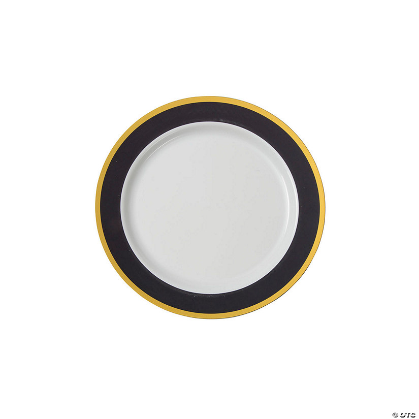 Premium Black & White Plastic Dessert Plates with Gold Trim - 25 Ct. Image