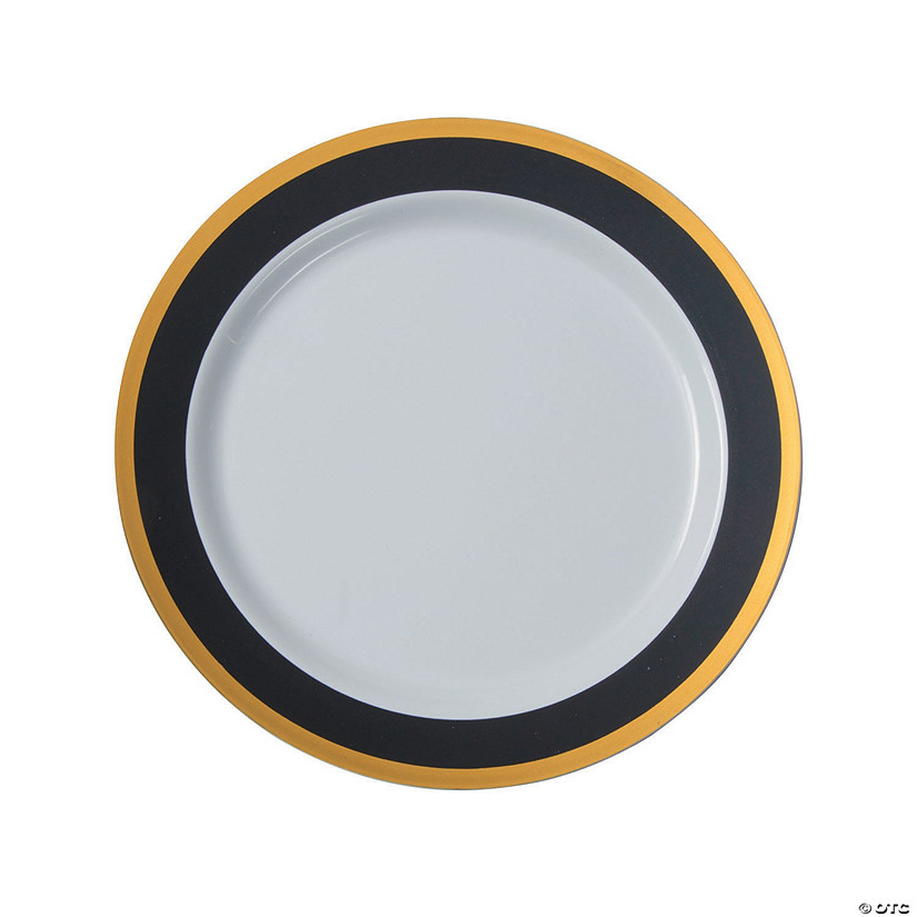 Premium Black & White Plastic Dinner Plates with Gold Border - 25 Ct. Image