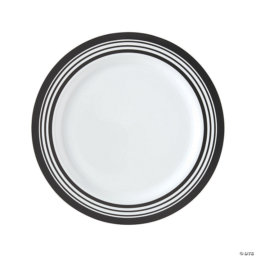 Premium Black & White Striped Plastic Dinner Plates &#8211; 25 Ct. Image