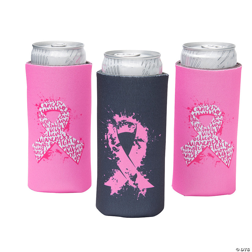 Premium Breast Cancer Awareness Pink Ribbon Slim Fit Can Coolers - 12 Pc. Image