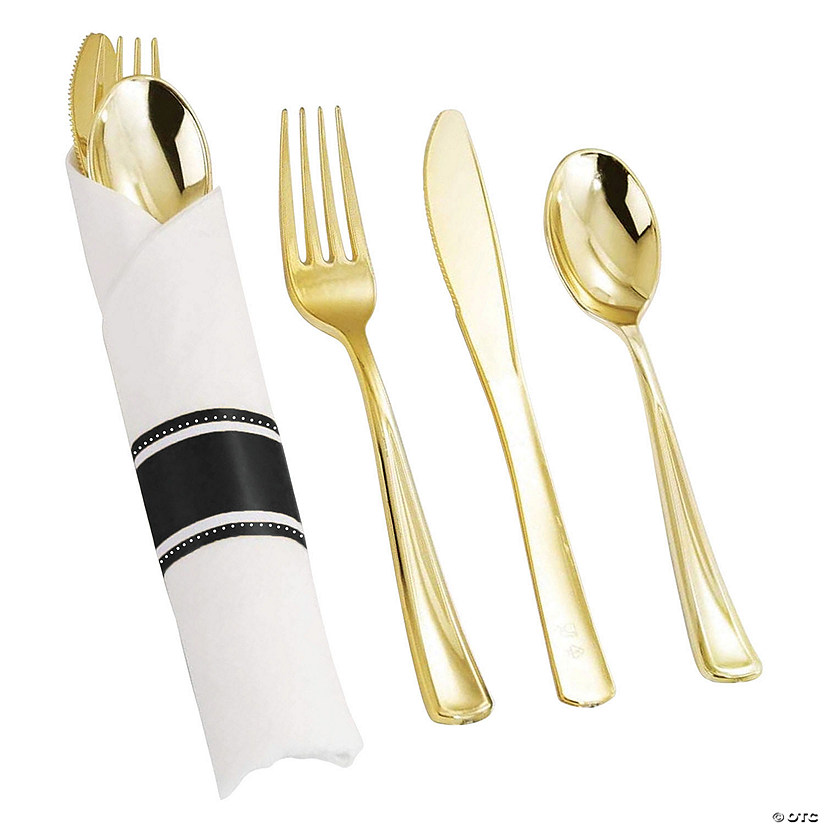 Premium Gold Plastic Cutlery in White Napkin Rolls Set - Napkins, Forks, Knives, Spoons and Paper Rings (100 Sets) Image