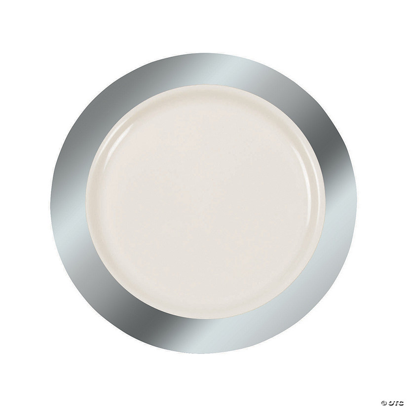 Premium Ivory Plastic Dinner Plates with Silver Border - 25 Ct. Image