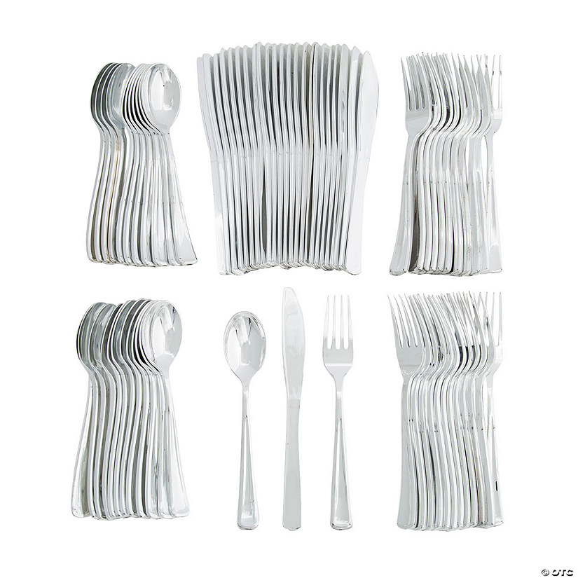 Premium Metallic Silver Plastic Cutlery Set for 24 Guests 72 Pc