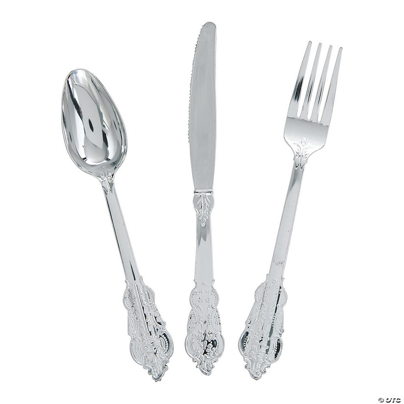 Premium Ornate Silver Plastic Cutlery Sets - 24 Ct. Image