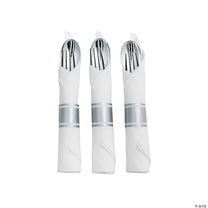 Premium Silvertone Plastic Cutlery Sets in Rolled Napkin - 10 Ct. Image