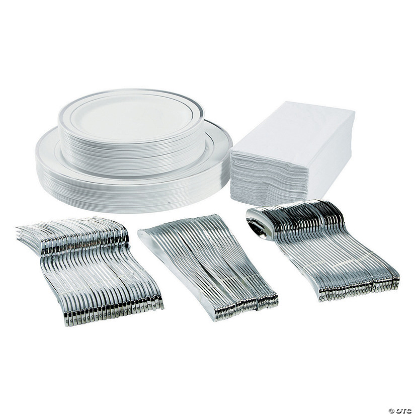 Premium White & Silver Plastic Tableware Kit for 24 Guests Image