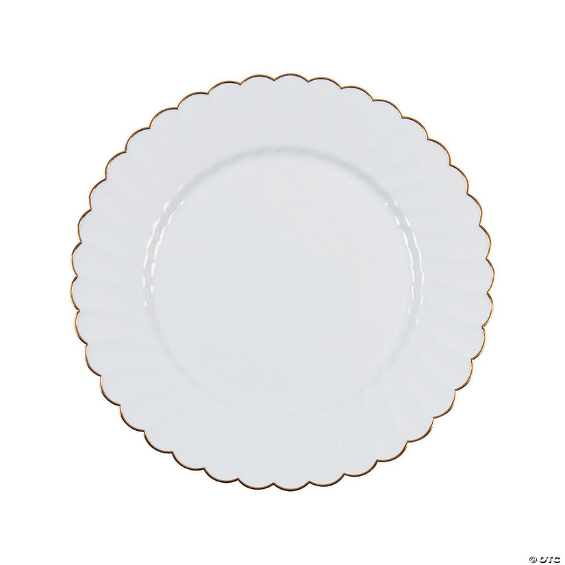 Premium White Elegance Plastic Dinner Plates with Scalloped Gold Trim - 25 Ct. Image