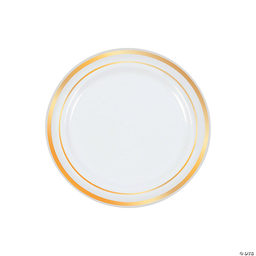 Premium White Plastic Dessert Plates with Gold Trim - 25 Ct. Image