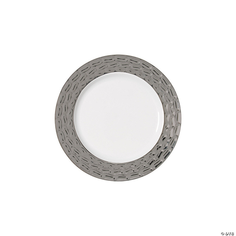 Premium White Plastic Dessert Plates with Hammered Pewter Design Trim - 25 Ct. Image