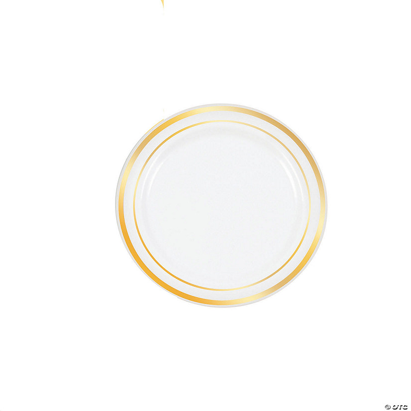 Premium White Plastic Dessert Plates with Metallic Trim - 25 Ct. Image