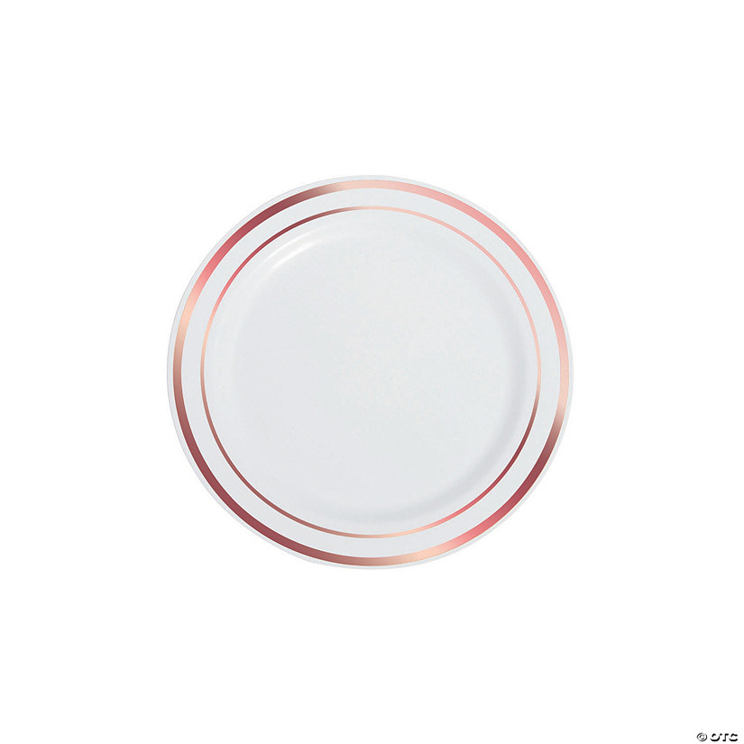 Premium White Plastic Dessert Plates with Rose Gold Trim - 25 Ct. Image