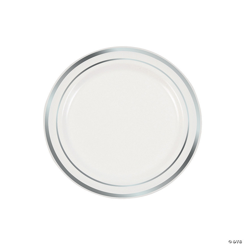 Premium White Plastic Dessert Plates with Silver Trim - 25 Ct. Image