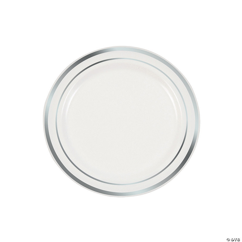 Premium White Plastic Dessert Plates with Silver Trim 25 Ct