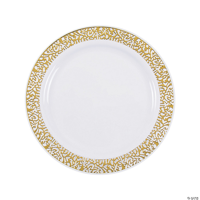 Premium White Plastic Dinner Plates with Gold Lace Trim - 25 Ct. Image