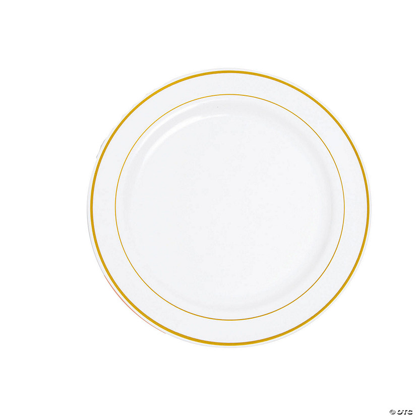 Premium White Plastic Dinner Plates with Metallic Trim - 25 Ct. Image