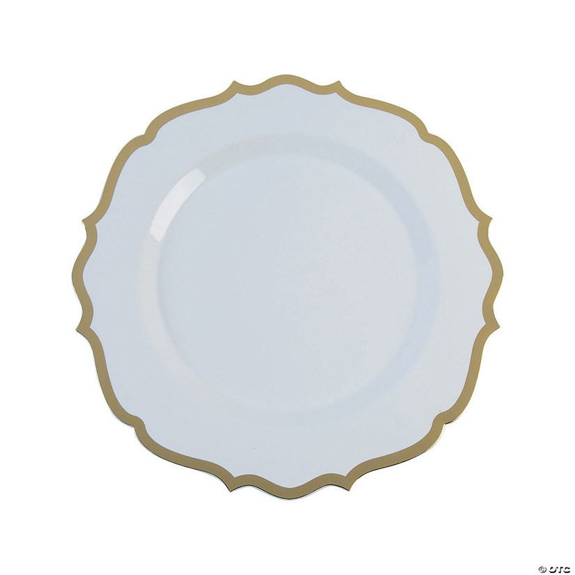Premium White Plastic Dinner Plates with Ornate Gold Trim - 20 Ct. Image