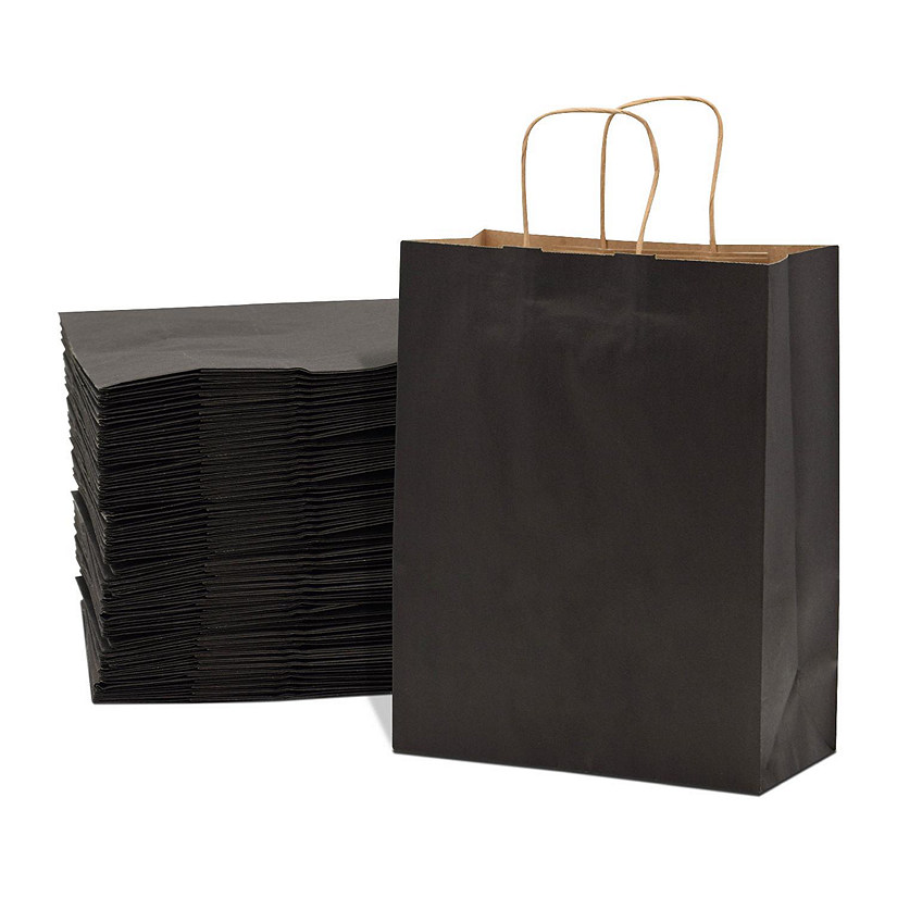 Prime Line Packaging 10x5x13 Inch Medium Black Paper Bags with Handles, Gift Bags Bulk 100 Pack Image