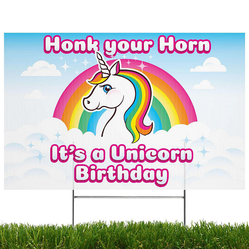 Prime Party Rainbow Unicorn Yard Sign with Lawn Stakes, Honk it's my Birthday Image