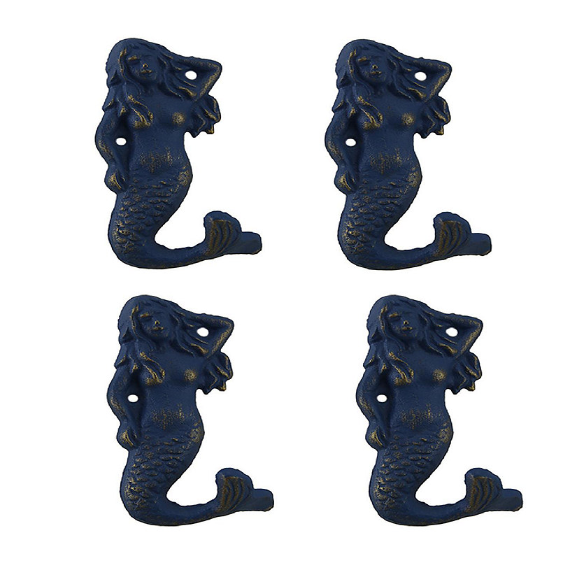 Privilege Set of 4 Blue Distressed Cast Iron Mermaids Decorative Wall Hook Set Image