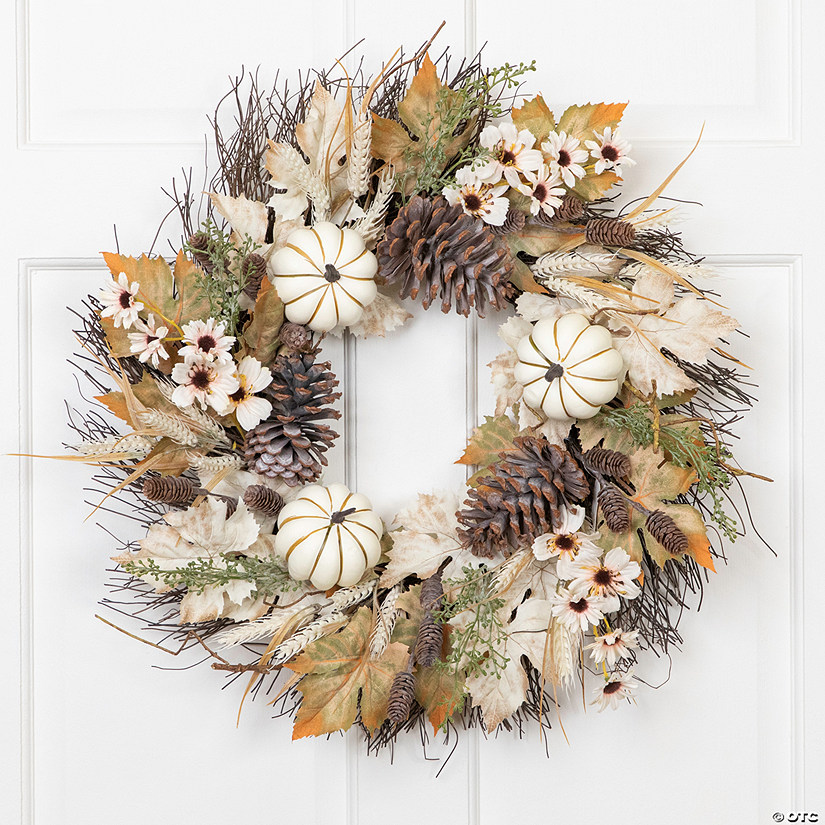 Pumpkin and Pinecone Fall Harvest Artificial Wreath - 24" - Unlit Image