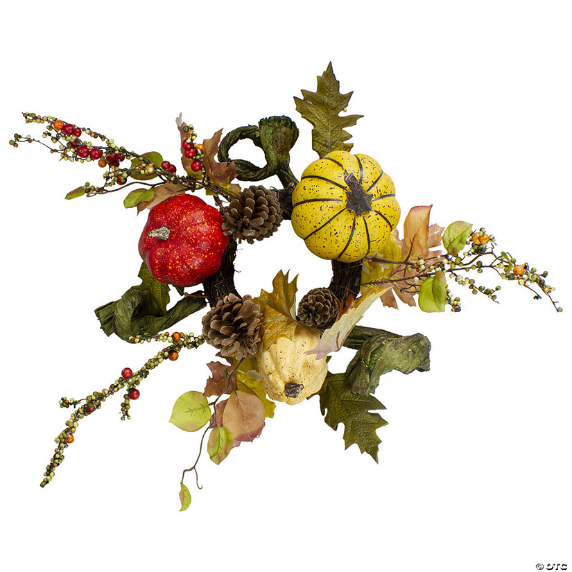 Pumpkin  Berries  Foliage and Pine Cone Fall Harvest Wreath - 13 inch  Unlit Image