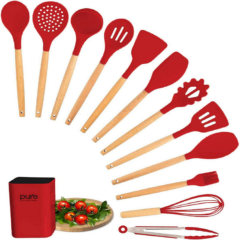 1PC Silicone Cooking Utensils Non-stick Kitchenware With Spoon Holder  Wooden Handle Kitchen Accessories Cooking Tools Set Red