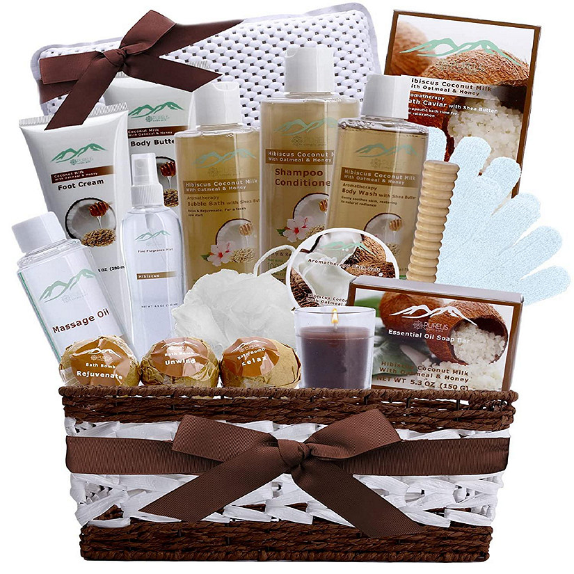 Purelis - Deluxe Hibiscus Coconut Oatmeal & Honey 20-Piece Spa Gift Basket and Bath Pillow Image